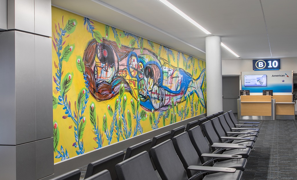 "We are All on the Same Plane," an airport mural created by Nico Amortegui.