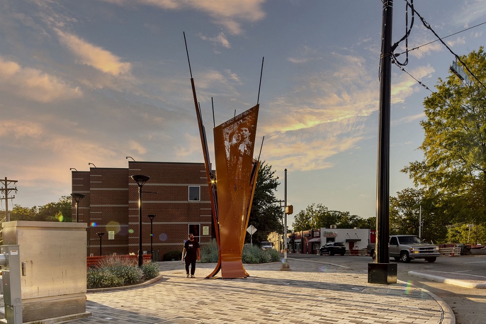 The sculptural work "Even Higher" is one part of "Excelsior," the public artwork created by Charlotte artist Stacy Utley and collaborator Edwin Harris for Five Points Plaza in Charlotte's Historic West End. 