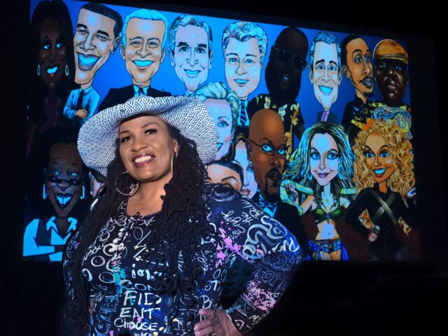 2023 Creative Renewal Fellowship recipient Lena Jackson. Projected on a screen behind her is a collage of caricatures she has done of famous people. Photo by Nancy Pierce.