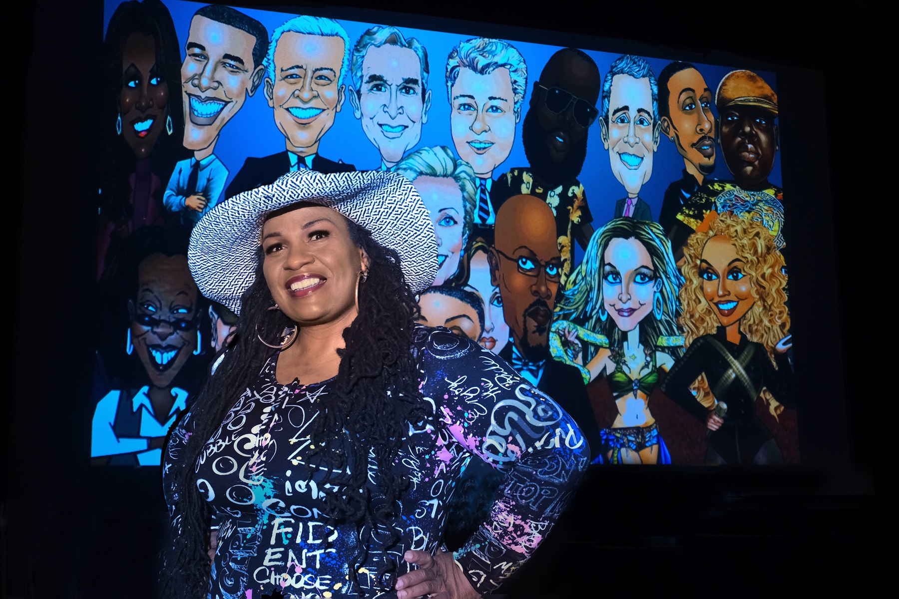 2023 Creative Renewal Fellowship recipient Lena Jackson. Projected on a screen behind her is a collage of caricatures she has done of famous people. Photo by Nancy Pierce. 