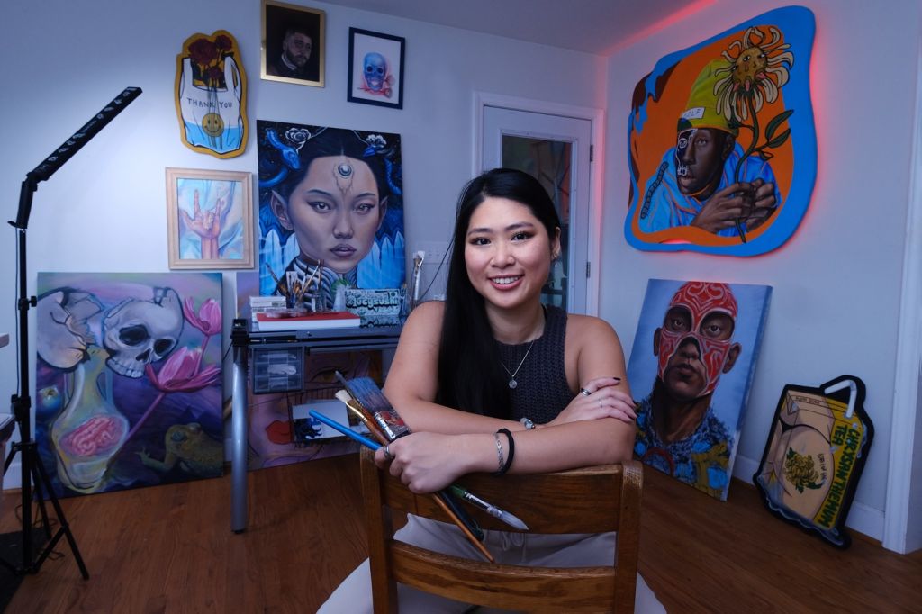 2023 ASC Emerging Creators Fellowship recipient Lucy Phung. This is her home studio with some of her works, a few of which were collaborations with another artist including her partner, Alex.