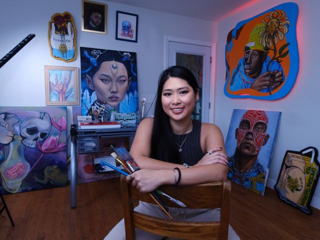 2023 ASC Emerging Creators Fellowship recipient Lucy Phung. This is her home studio with some of her works, a few of which were collaborations with another artist including her partner, Alex.